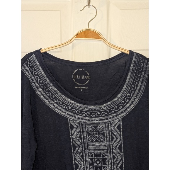 Lucky Brand Top Large Blue‎ Silver Print Scoop Neck 3/4 Sleeve Blouse - Picture 6 of 9